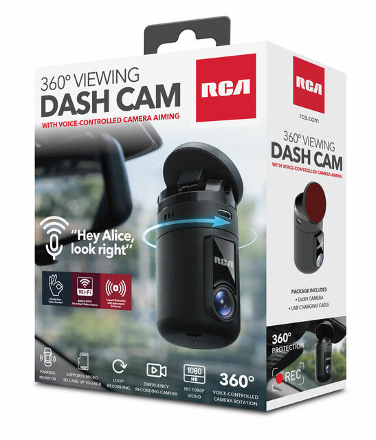 RCA 360° FHD 1080P Dash Camera with WiFi App, Voice Control, G-Sensor & Parking Monitor